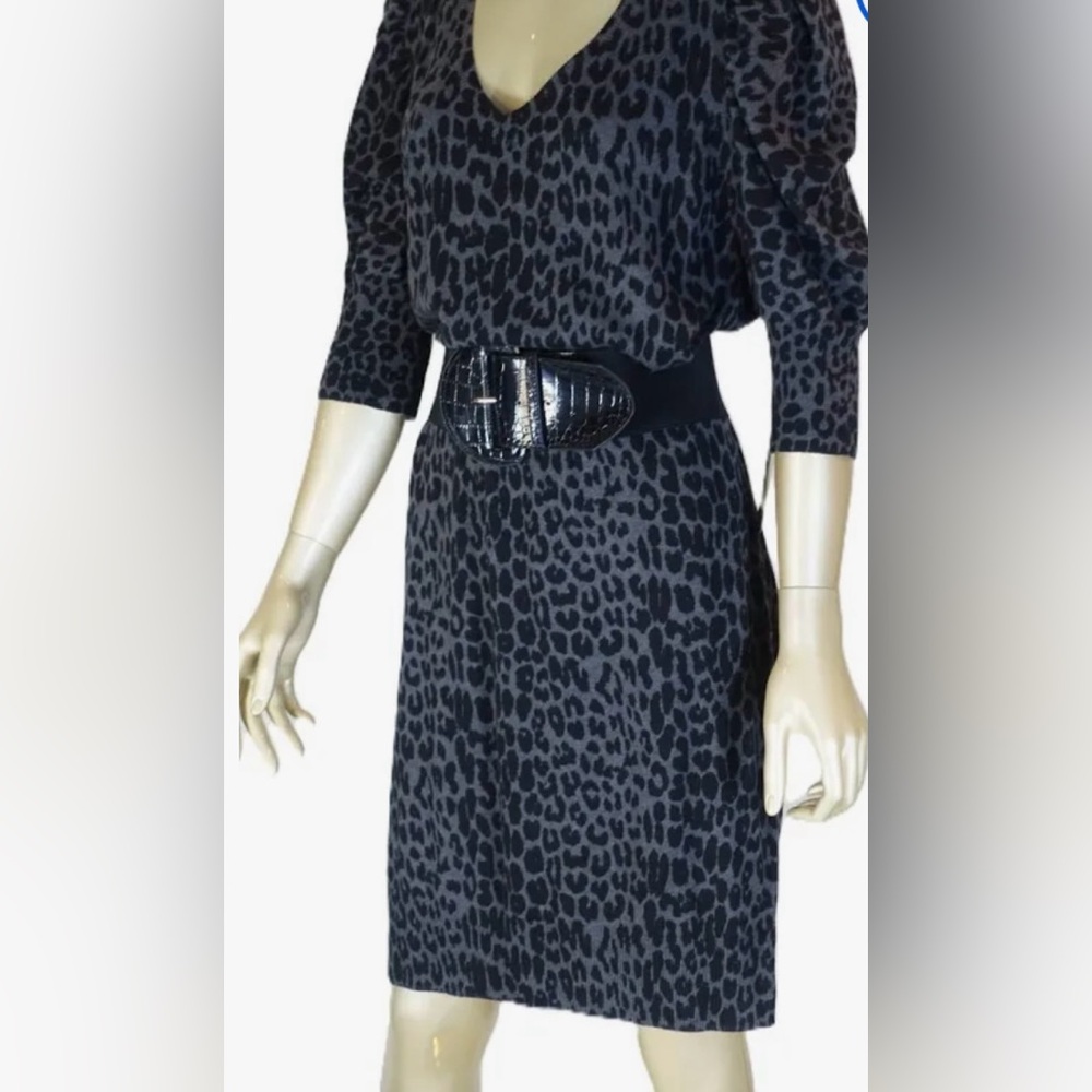 Black and Gray V-Neck Leopard Print Sweater   Dress with Black Belt